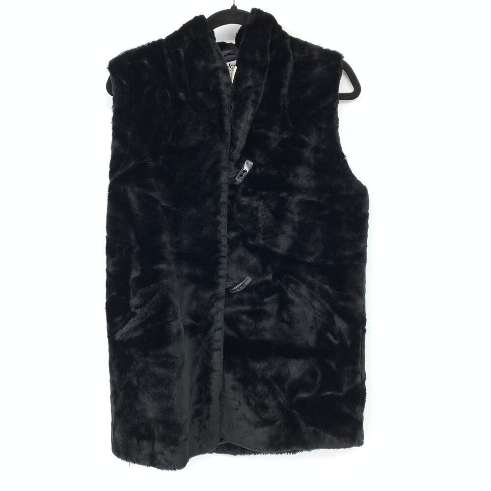 Vintage Olsen Faux Fur Vest Womens Apx Sz Large Black Toggle Clasp Sleeveless